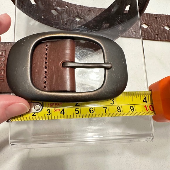 Fossil Brown Leather Belt Geometric Diamond Cutout Western Boho Brass Buckle S‎ main image 4